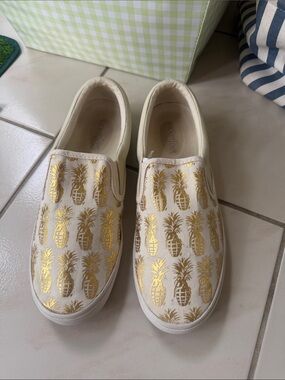 Bucketfeet Slip-On Canvas Sneakers with Metallic Pineapple Detail - Cream/Gold